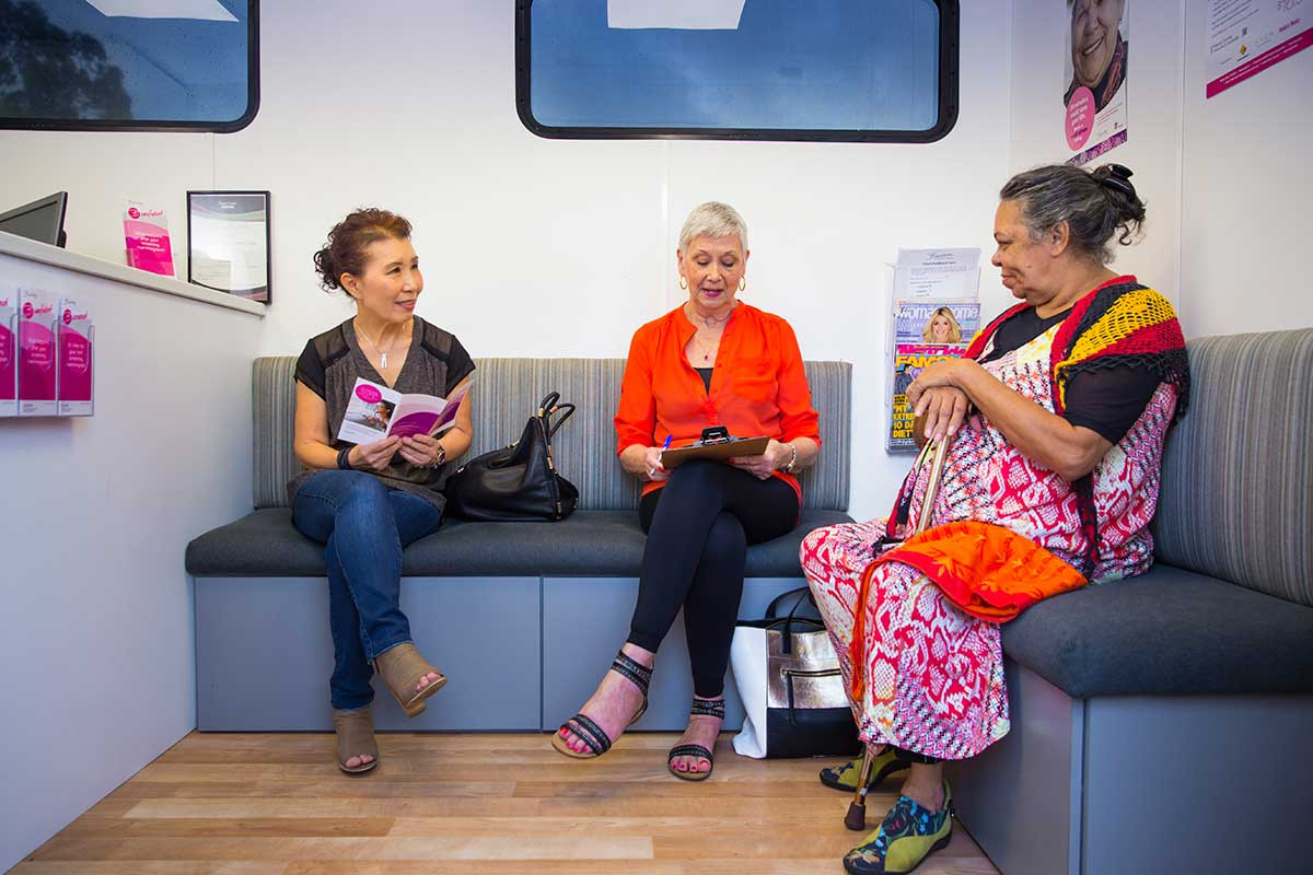 Women in BreastScreen waiting room, reading pamphlets.