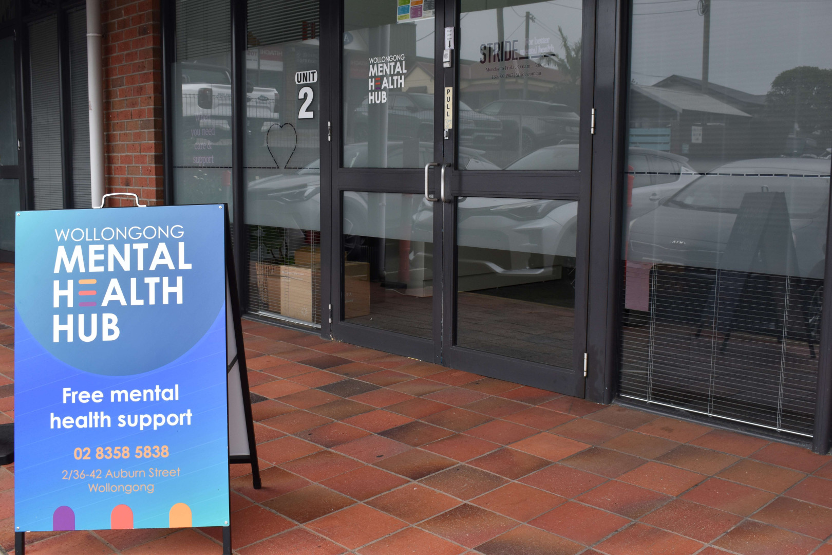 Front doors of the Wollongong mental health hub building