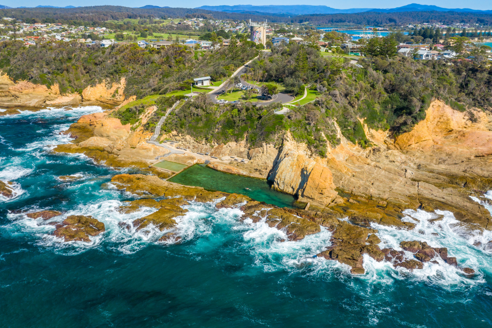 Ariel view of Bermagui looking out over the ocean 