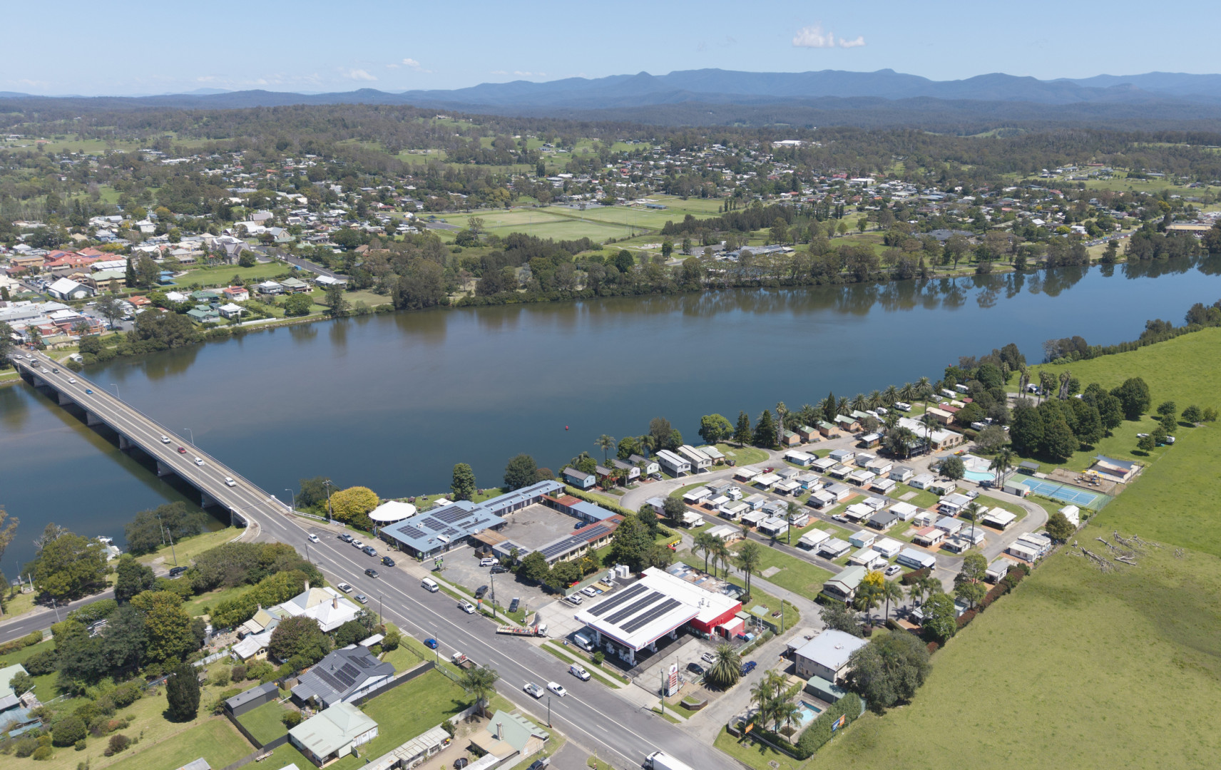 Ariel view of Moruya looking out over a lake