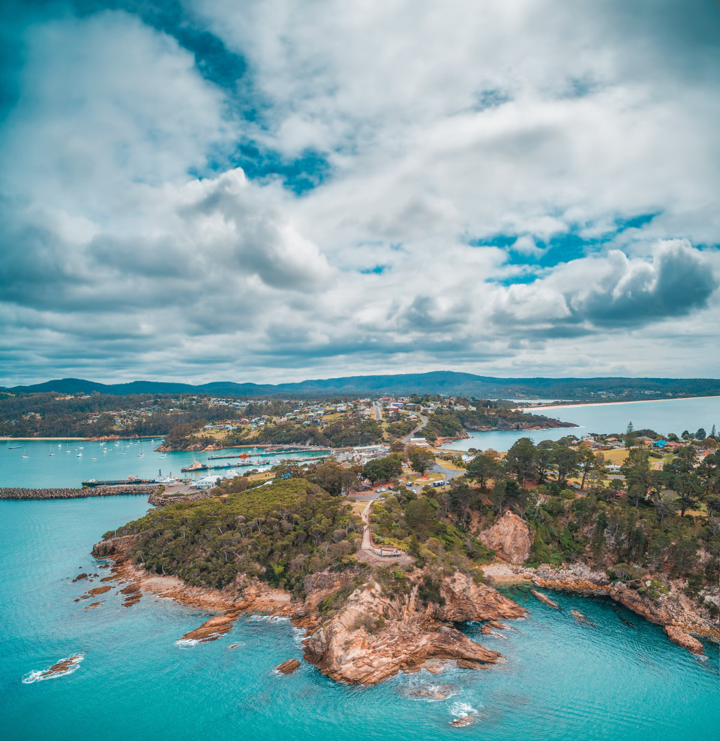 Ariel view of Eden looking out over the ocean back inland